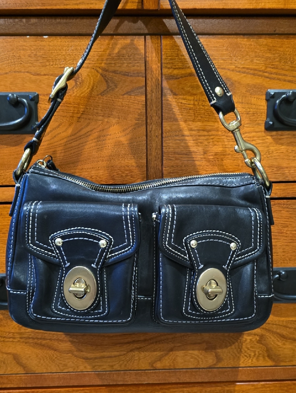 Black Leather Shoulder Bag with Front Turn-Lock Pockets